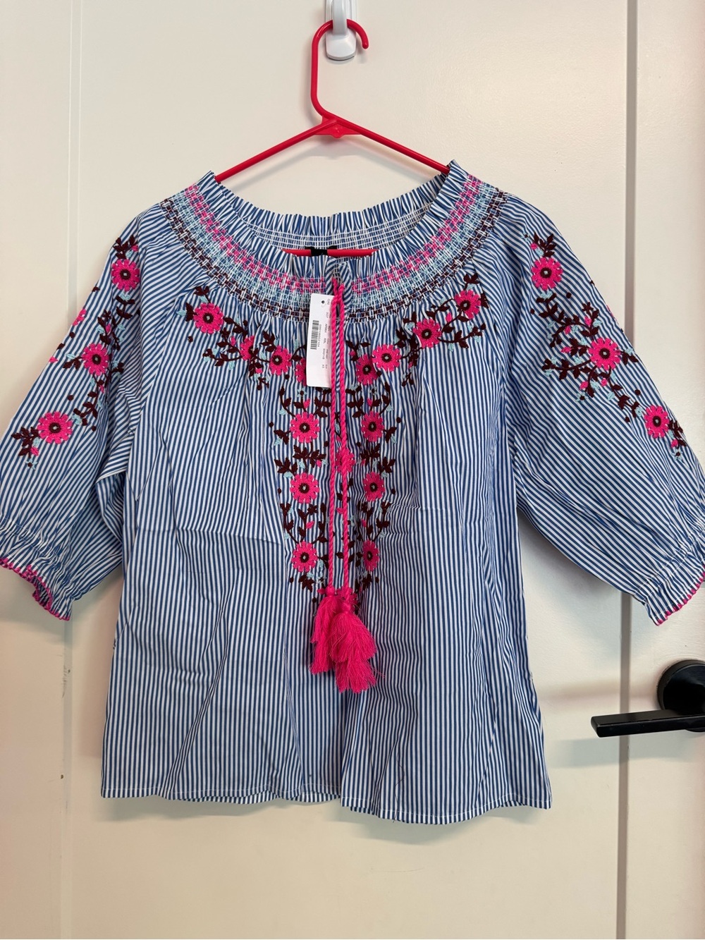 J.Crew Striped Embroidered Off-Shoulder Top with Pink Floral Accents, XS